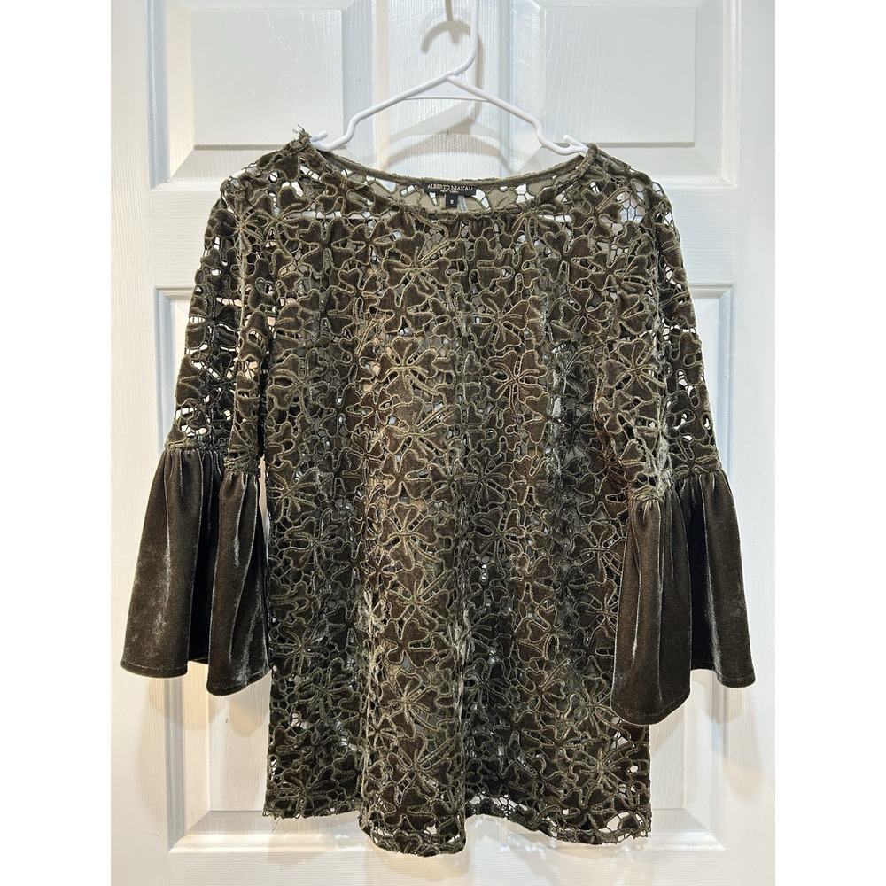 Alberto Makali Deep Green Velvet Lace Embroidered Top Sz S Forest Fairy Whimsy